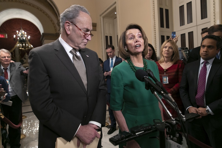 caption: Senate Minority Leader Chuck Schumer, D-N.Y., and House Democratic Leader Nancy Pelosi of California, the speaker-designate for the new Congress, talk to reporters as a revised spending bill is introduced in the House that includes $5 billion demanded by President Donald Trump for a wall along the U.S.-Mexico border, as Congress tries to avert a partial shutdown, in Washington, Thursday, Dec. 20, 2018. (J. Scott Applewhite/AP)