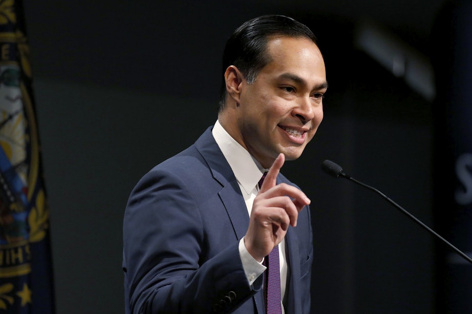 caption: Julian Castro, candidate for the 2020 presidential nomination, speaks at Saint Anselm College on Jan. 16, 2019, in Manchester, N.H. (Mary Schwalm/AP)