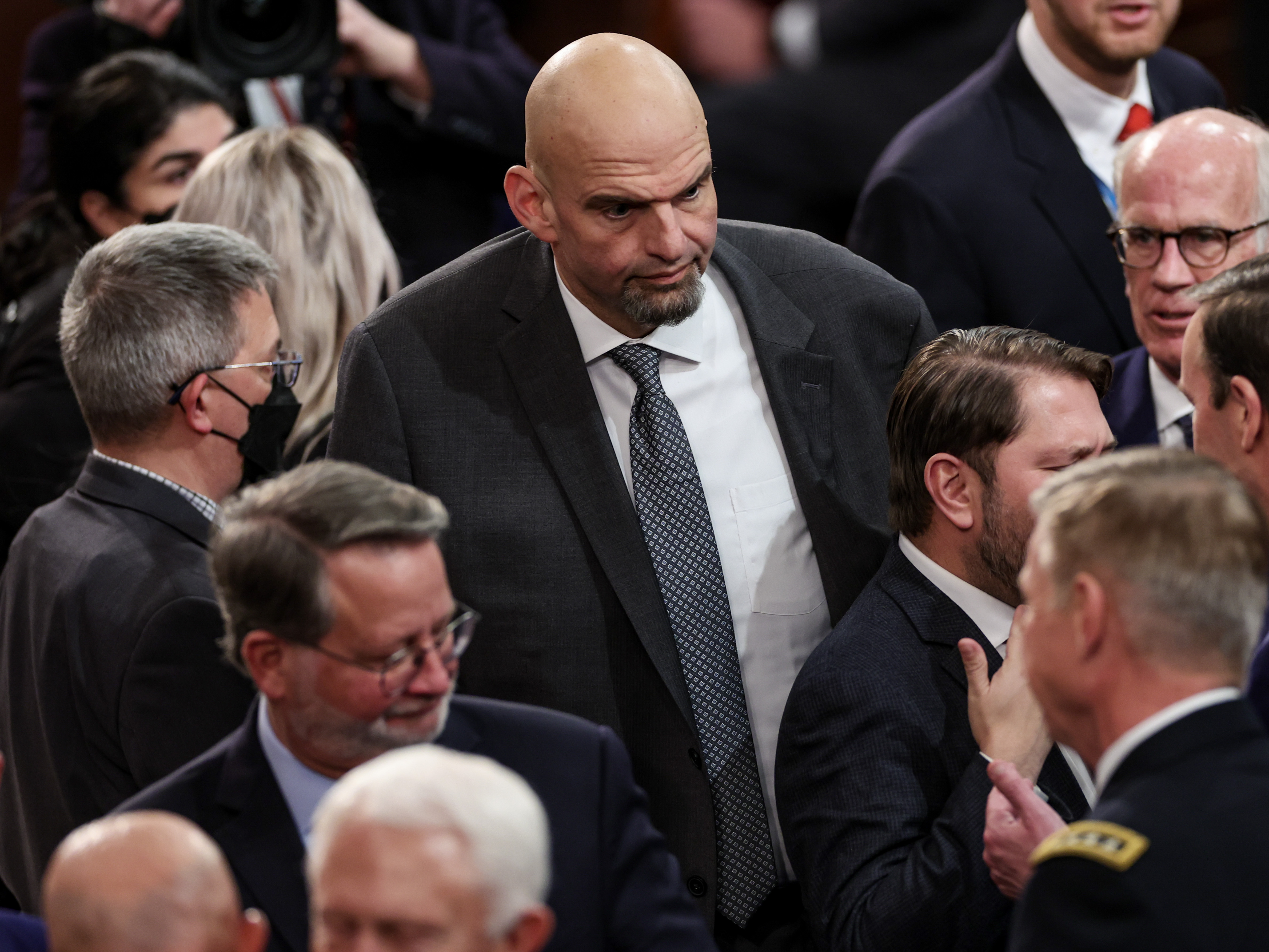 caption: Sen. John Fetterman spent Wednesday night at George Washington University Hospital in Washington, D.C., after telling staff that he felt lightheaded. The hospital stay came the night after Fetterman attended President Biden's State of the Union address during a joint meeting of Congress.