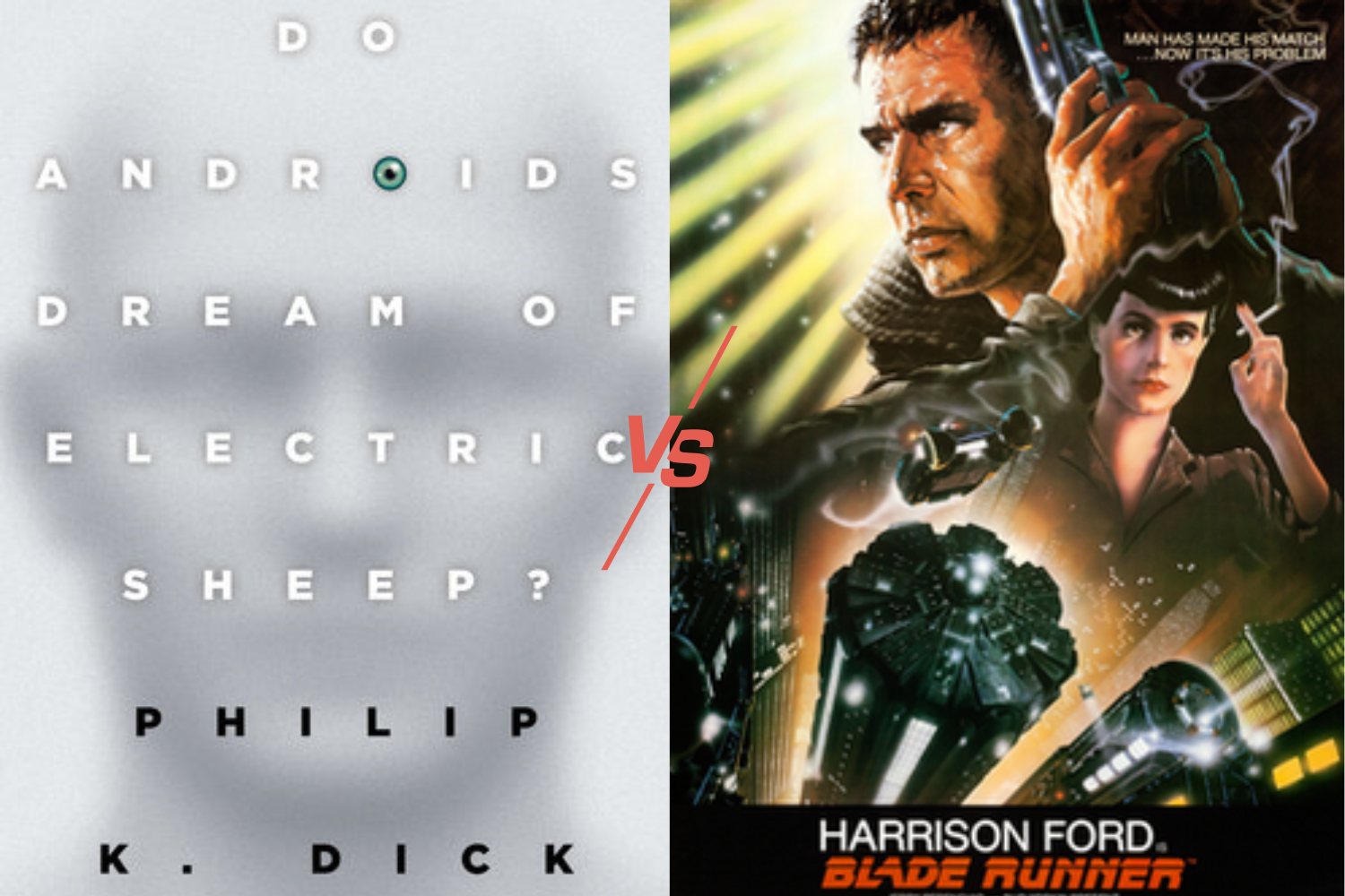caption: The cover of Philip K. Dick's novel "Do Androids Dream of Electric Sheep?" beside the movie poster for the film adaptation, "Blade Runner," starring Harrison Ford. 