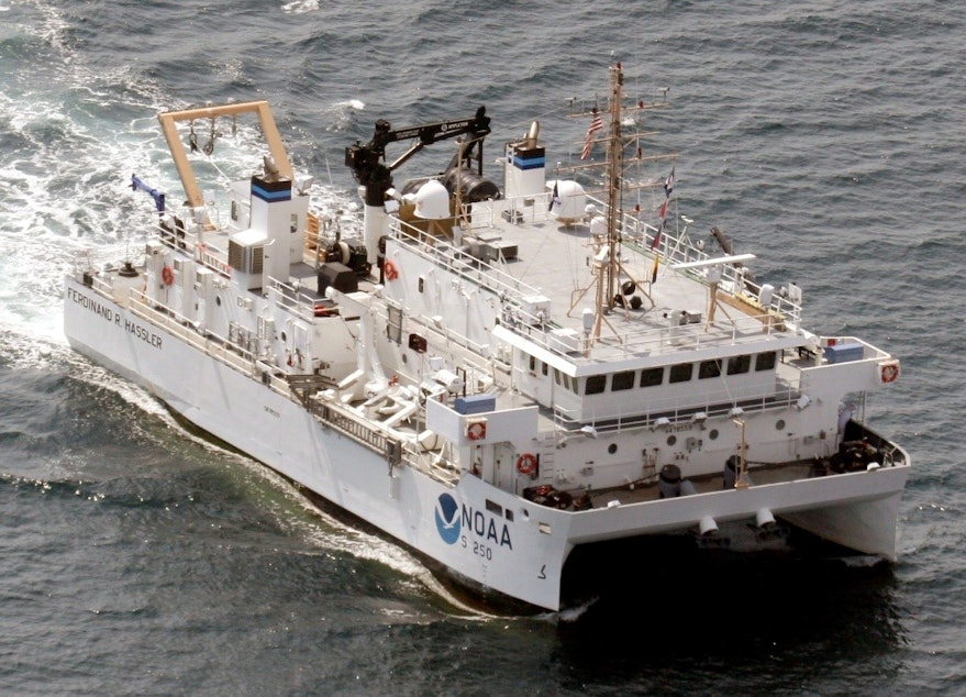 caption: The NOAA hydrographic survey vessel named Ferdinand R. Hassler is used to collect data for nautical charts and for oceanographic research. 

Scientists with the National Oceanic and Atmospheric Administration update mapping charts weekly to provide mariners with the latest information.