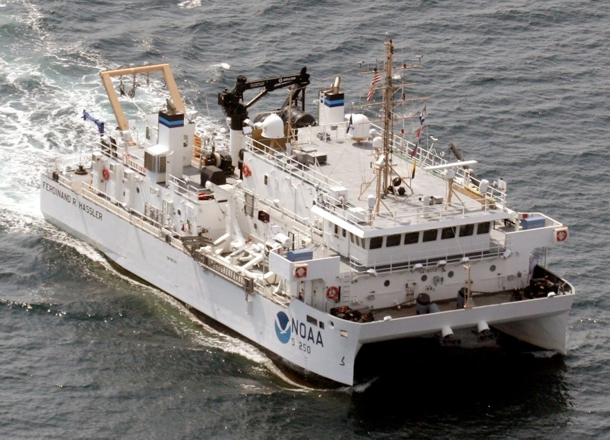 caption: The NOAA hydrographic survey vessel named Ferdinand R. Hassler is used to collect data for nautical charts and for oceanographic research.
Scientists with the National Oceanic and Atmospheric Administration update mapping charts weekly to provide mariners with the latest information.