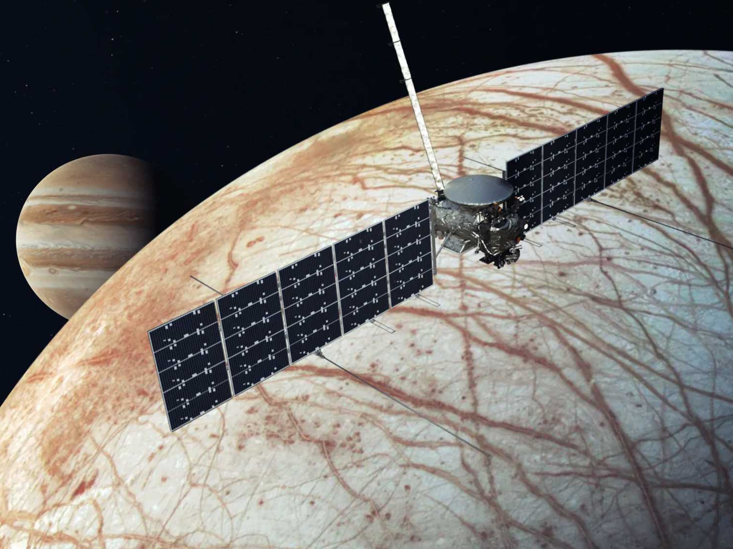 caption: This illustration provided by NASA depicts the Europa Clipper spacecraft over Jupiter's moon Europa, with Jupiter at background left.