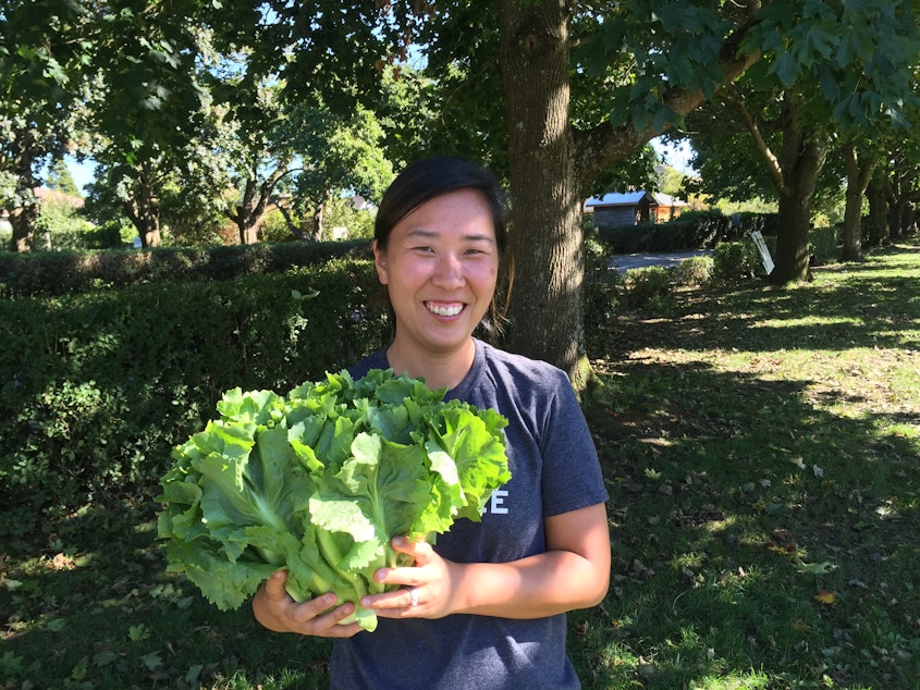 caption: Chef Rachel Yang holds an escarole -- 'Bigger than my head!' -- from the Wallinford Farmers Market.