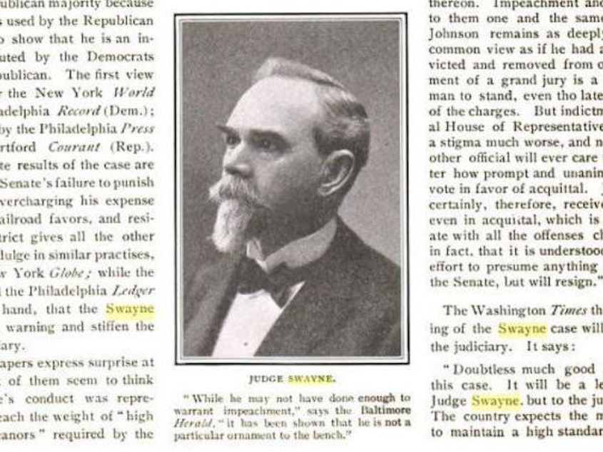 caption: In the Senate on Tuesday, Chief Justice Roberts cited the 1905 impeachment trial of Judge Charles Swayne; this photo of Swayne appeared in the March 11, 1905 issue of <em>The Literary Digest</em>.