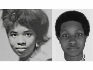 caption: A side-by-side comparison between Sandra Young (left) and an image rendered in 2021 using DNA technology (right.)