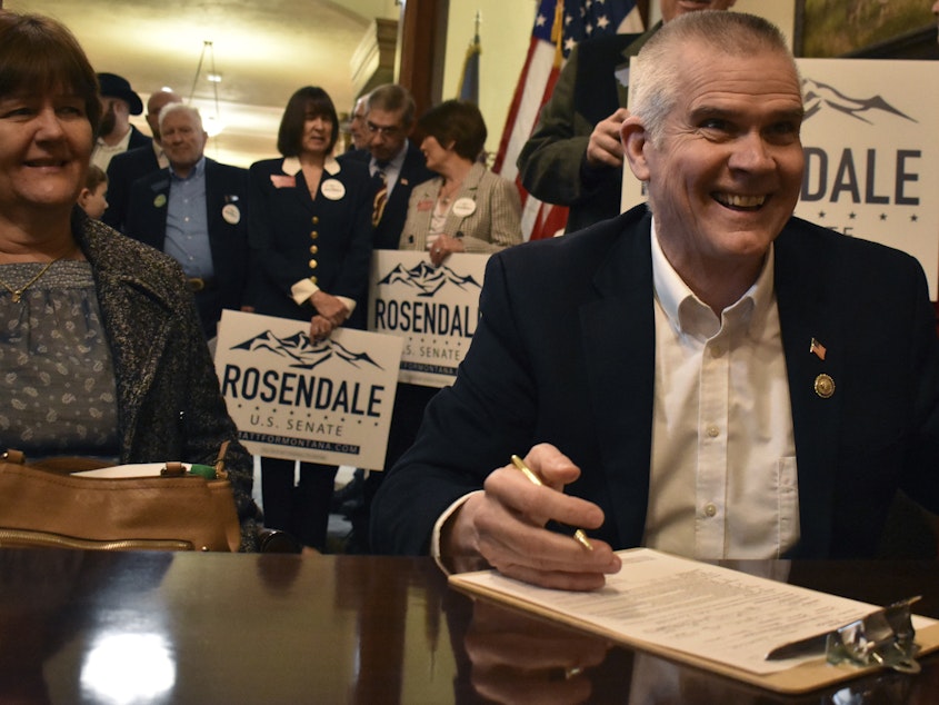 caption: Montana Republican Rep. Matt Rosendale files paperwork to run for U.S. Senate on Feb. 9 at the state Capitol in Helena, Mt. Rosendale announced Thursday, Feb. 15, that he was ending his campaign after former President Donald Trump endorsed his Republican opponent, former Navy SEAL Tim Sheehy.