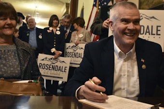 caption: Montana Republican Rep. Matt Rosendale files paperwork to run for U.S. Senate on Feb. 9 at the state Capitol in Helena, Mt. Rosendale announced Thursday, Feb. 15, that he was ending his campaign after former President Donald Trump endorsed his Republican opponent, former Navy SEAL Tim Sheehy.