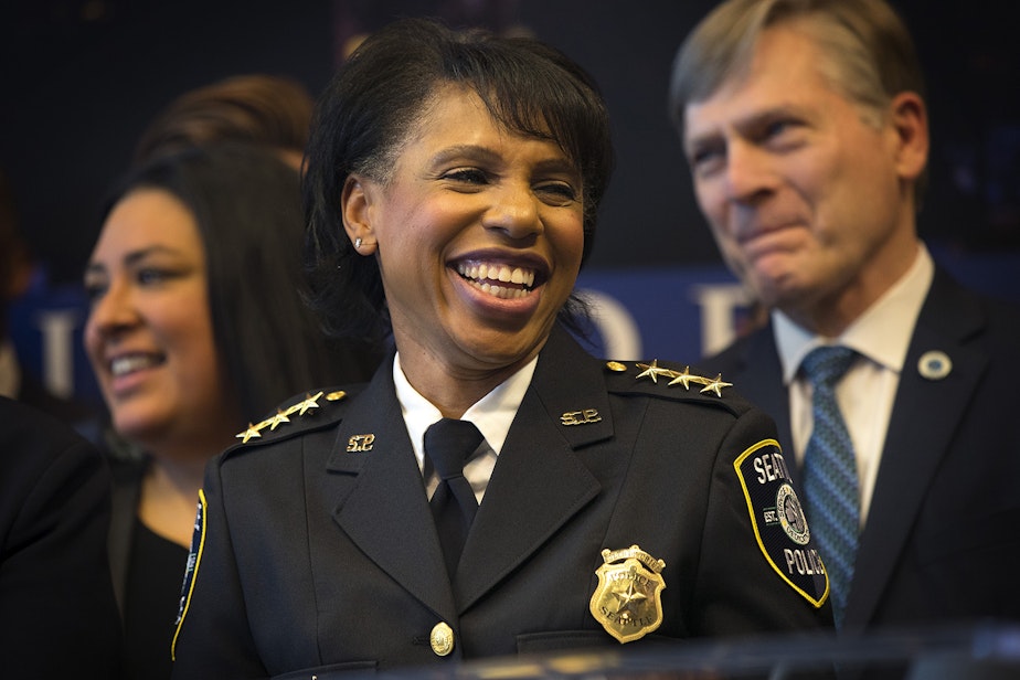 caption: Deputy Chief Carmen Best smiles during a press conference on Monday, December 4, 2017, at Seattle City Hall. Best will be interim Seattle Police Chief.