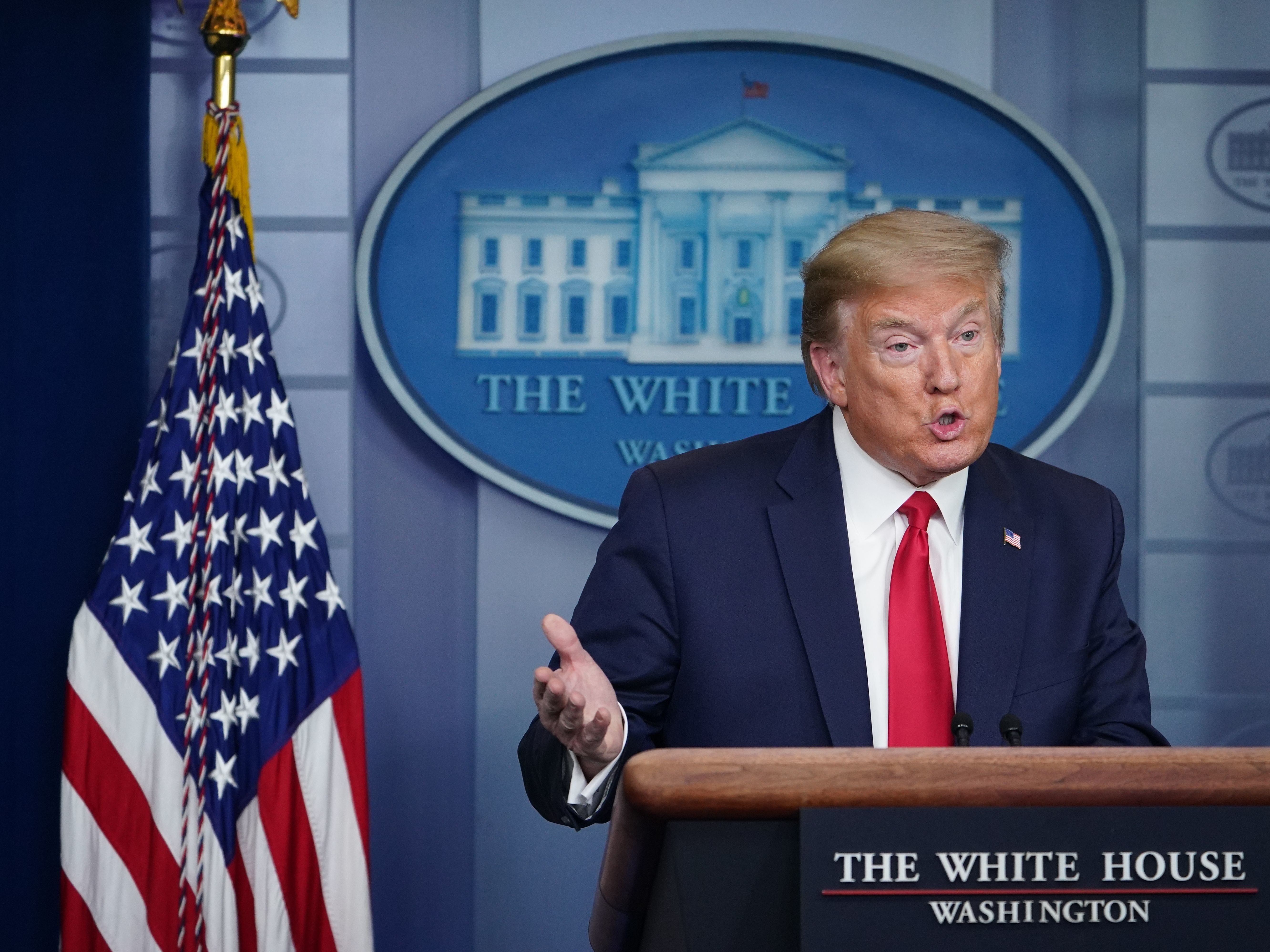 caption: President Trump speaks during the daily briefing on the novel coronavirus on April 22, 2020.