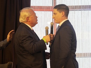 caption: Ohio Republican U.S. Senate candidates Mike Gibbons (left) and Josh Mandel exchange heated words at a forum put on by FreedomWorks on March 18 outside of Columbus. The two have polled atop the contested GOP primary.