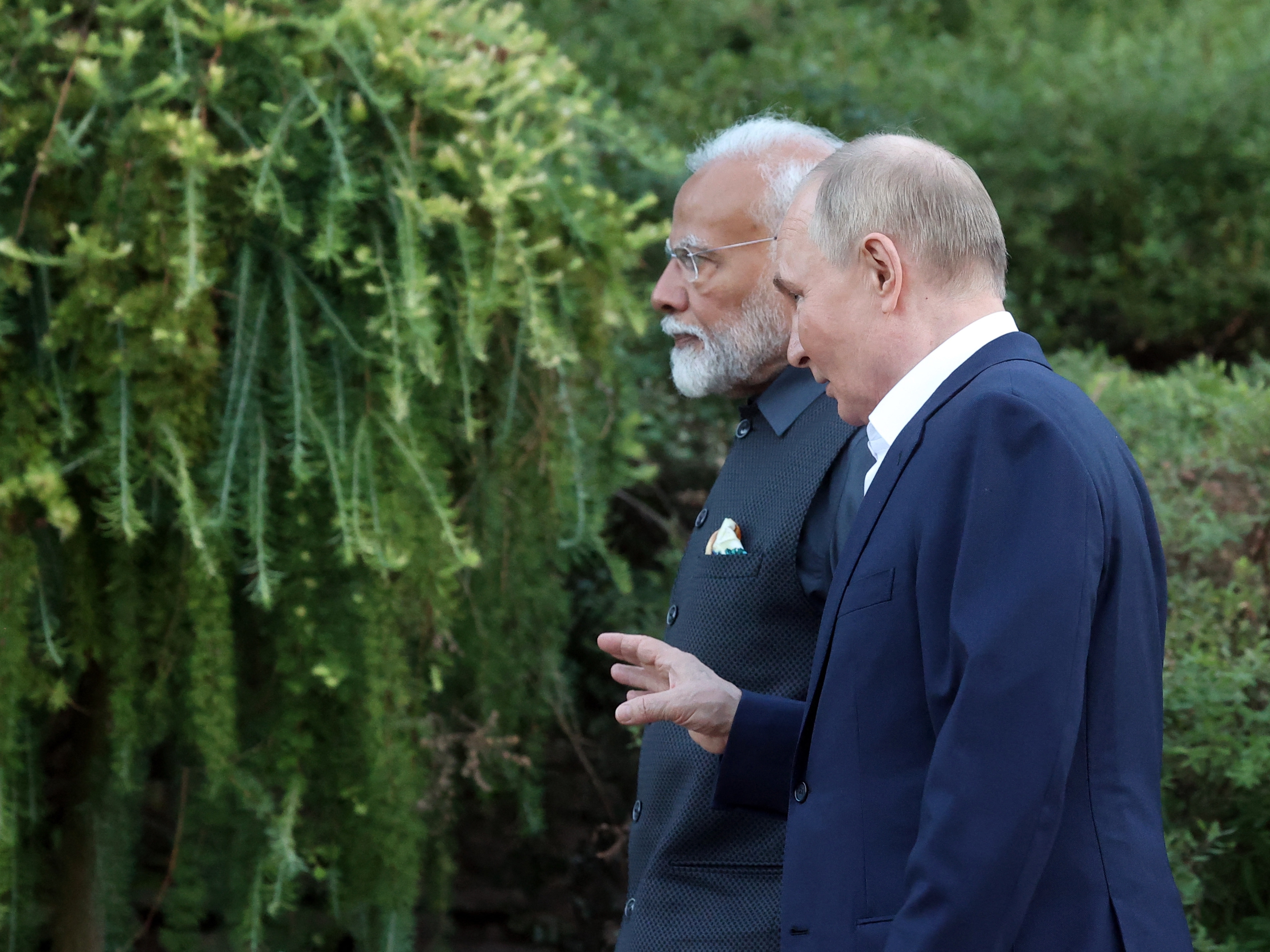 caption: Russian President Vladimir Putin and Indian Prime Minister Narendra Modi take a walk during an informal meeting at the Novo-Ogaryovo state residence, outside Moscow, on July 8.