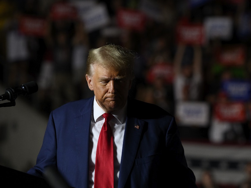 caption: Former President Donald Trump speaks to supporters during a political rally while campaigning for the GOP nomination in Erie, Pa., in July.
