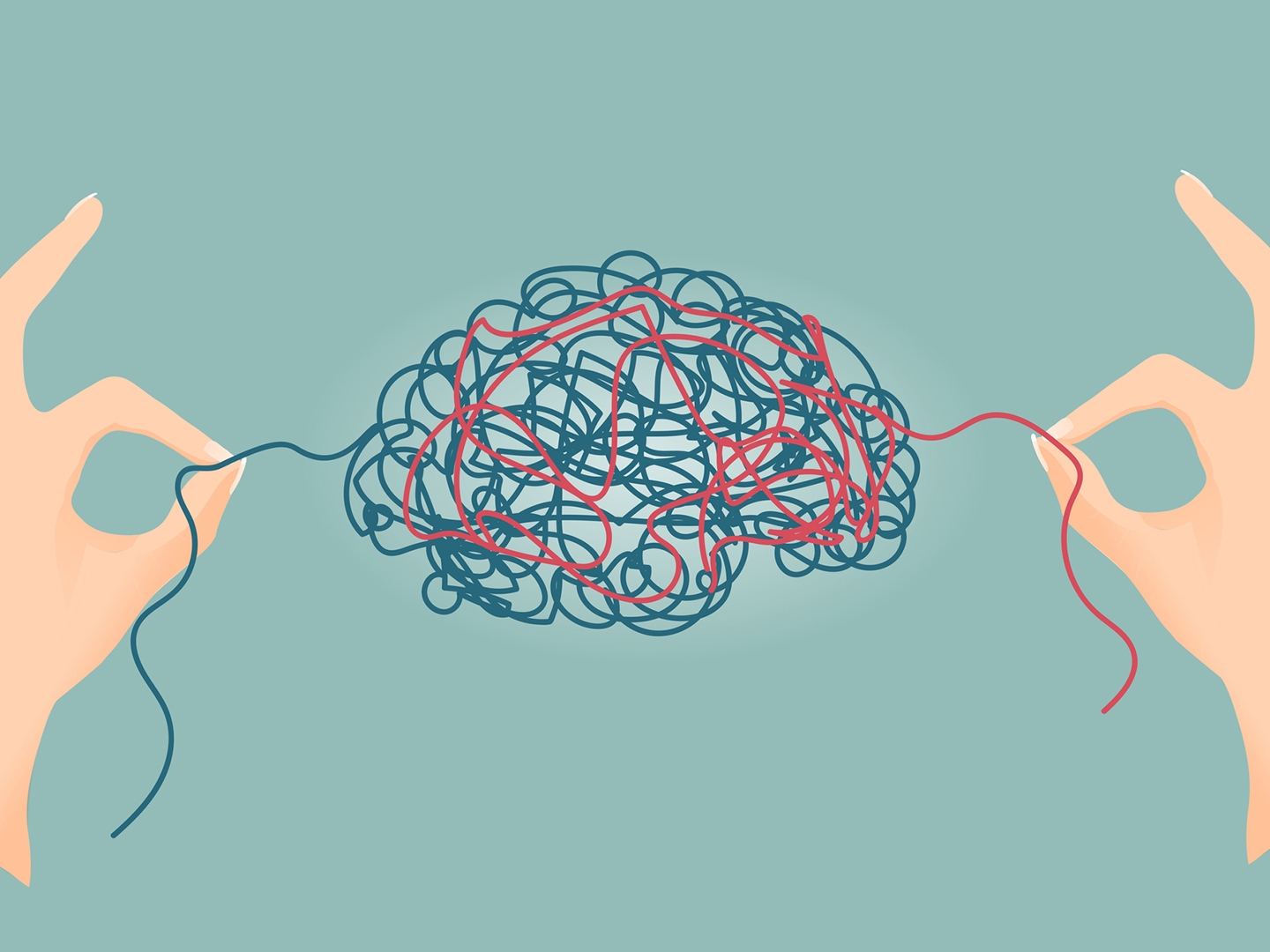 caption: Psychological or psychiatric therapy concept. Treat mental illness. Concept of stress and depression. Bipolar disorder and disease. Order and untangle the thoughts of the mind.