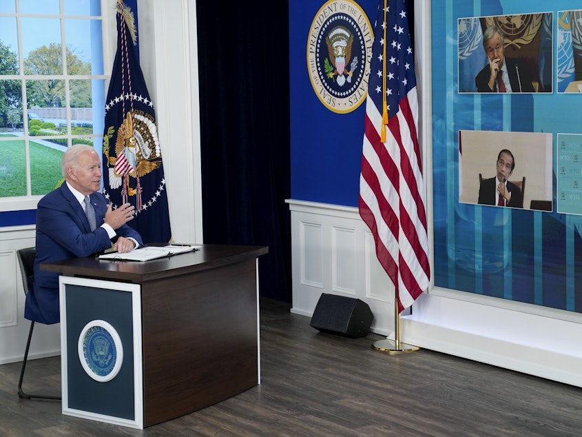 caption: President Joe Biden speaks at the virtual Global COVID-19 Summit on Sept. 22, 2021, in Washington, D.C. On May 12, the White House will host the second Global COVID-19 Summit.