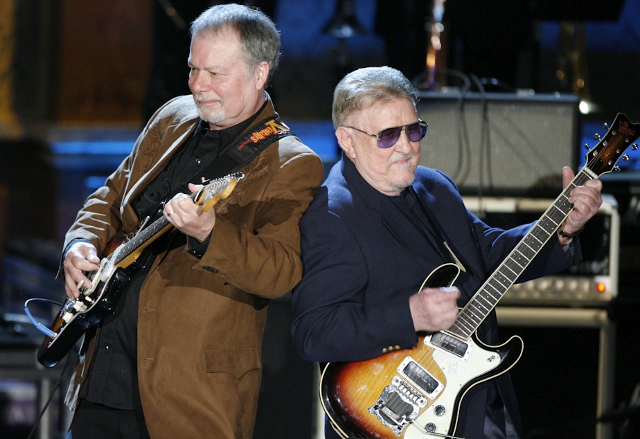caption: Bob Spalding, left, and Don Wilson of The Ventures perform at the Rock and Roll Hall of Fame Induction Ceremony in New York, March 10, 2008. Wilson, a co-founder of the band, died Saturday at the age of 88.