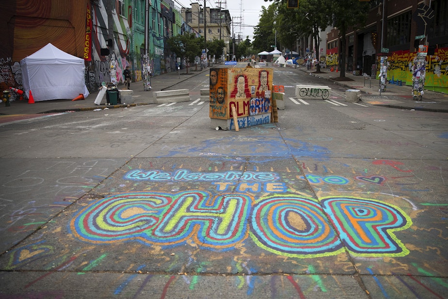 caption: The Capitol Hill Organized Protest zone, CHOP, is shown on Monday, June 29, 2020, in Seattle. 