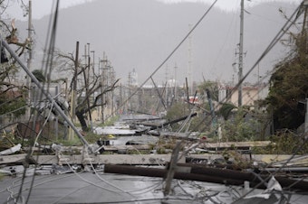 caption: In this Sept. 20, 2017 file photo, electricity poles and lines lie toppled on the road after Hurricane Maria hit the eastern region of the island in Humacao, Puerto Rico.