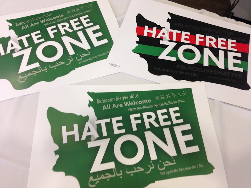 caption: Signs declaring Washington a 'hate-free state'