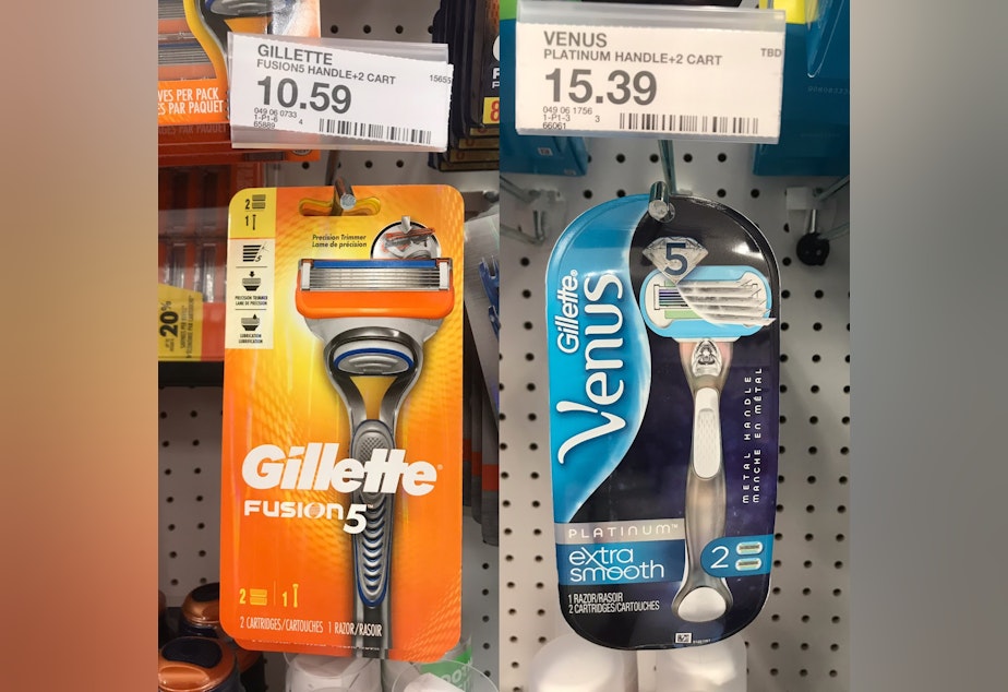 caption: Two Gillette brand razors plus a handle, side by side, with price comparisons. Both products have two disposable razor heads and a handle, yet one of the products is nearly five dollars more expensive than the other.
