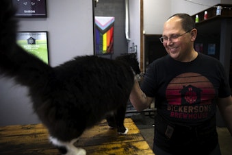 caption: Frank Castro, owner of Bickersons Brewhouse, smiles while petting Simcoe the cat, on Wednesday, January 31, 2024, in Seattle.  