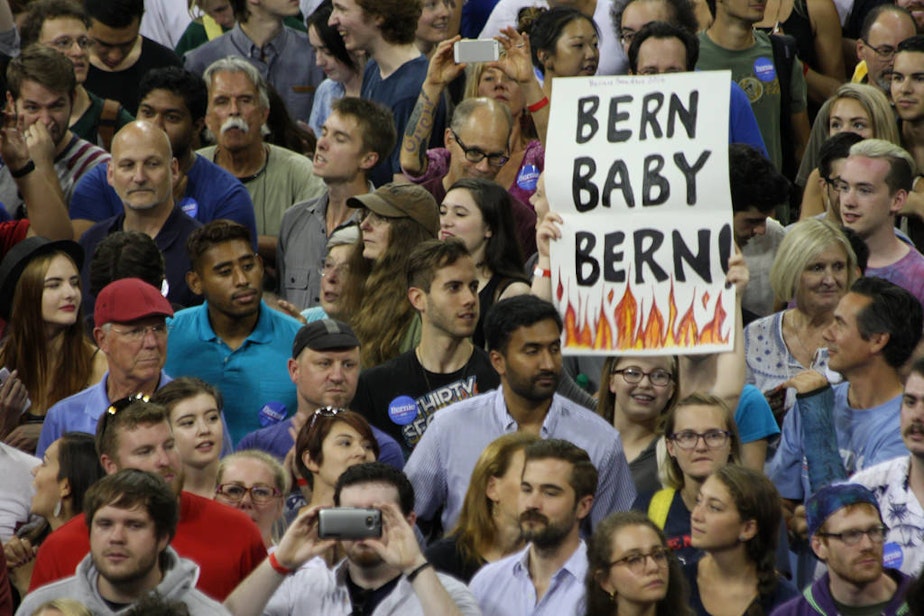 caption: Bernie Sanders supporters packed UW's Hec Edmundson Pavilion on Saturday, Aug. 8, 2015 to hear him speak.
