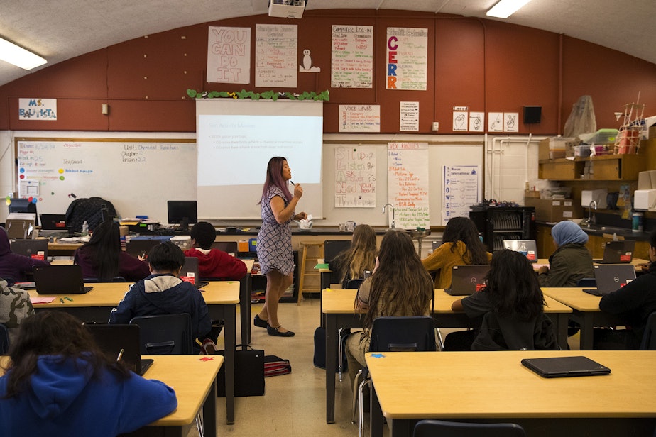 caption: Janet Bautista discusses how substances change into different substances during chemical reactions during her 7th-grade science class on Thursday, March 28, 2019, at Asa Mercer Middle School in Seattle.
