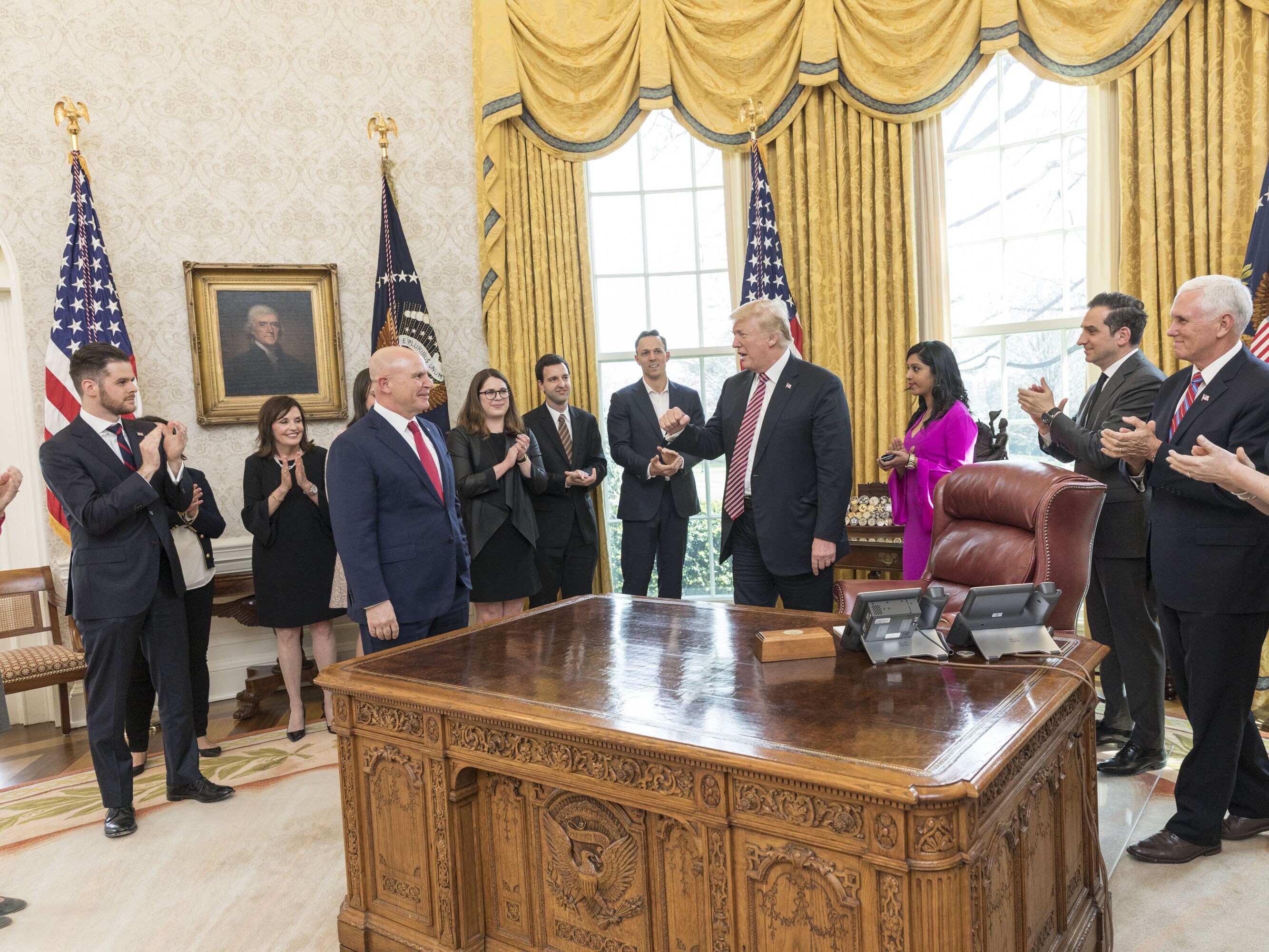 caption: Former National Security Adviser H.R. McMaster receives a send-off from the White House staff on his last day in the Trump administration on April 6, 2018.