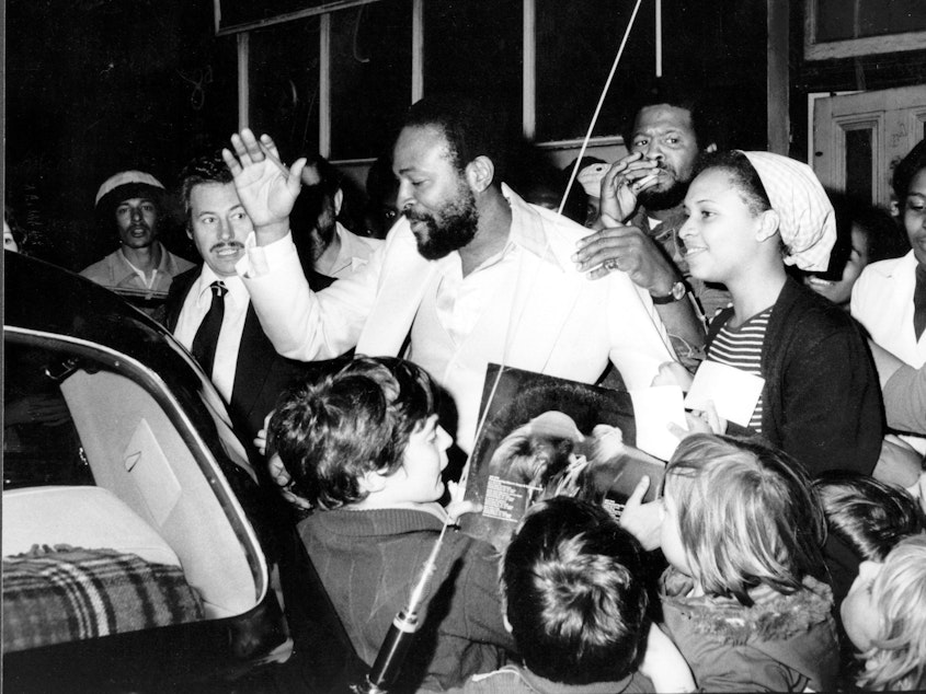 caption: Marvin Gaye (and admirers) in London in the mid-1970s.