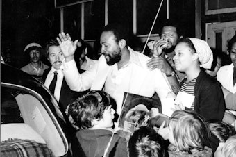 caption: Marvin Gaye (and admirers) in London in the mid-1970s.