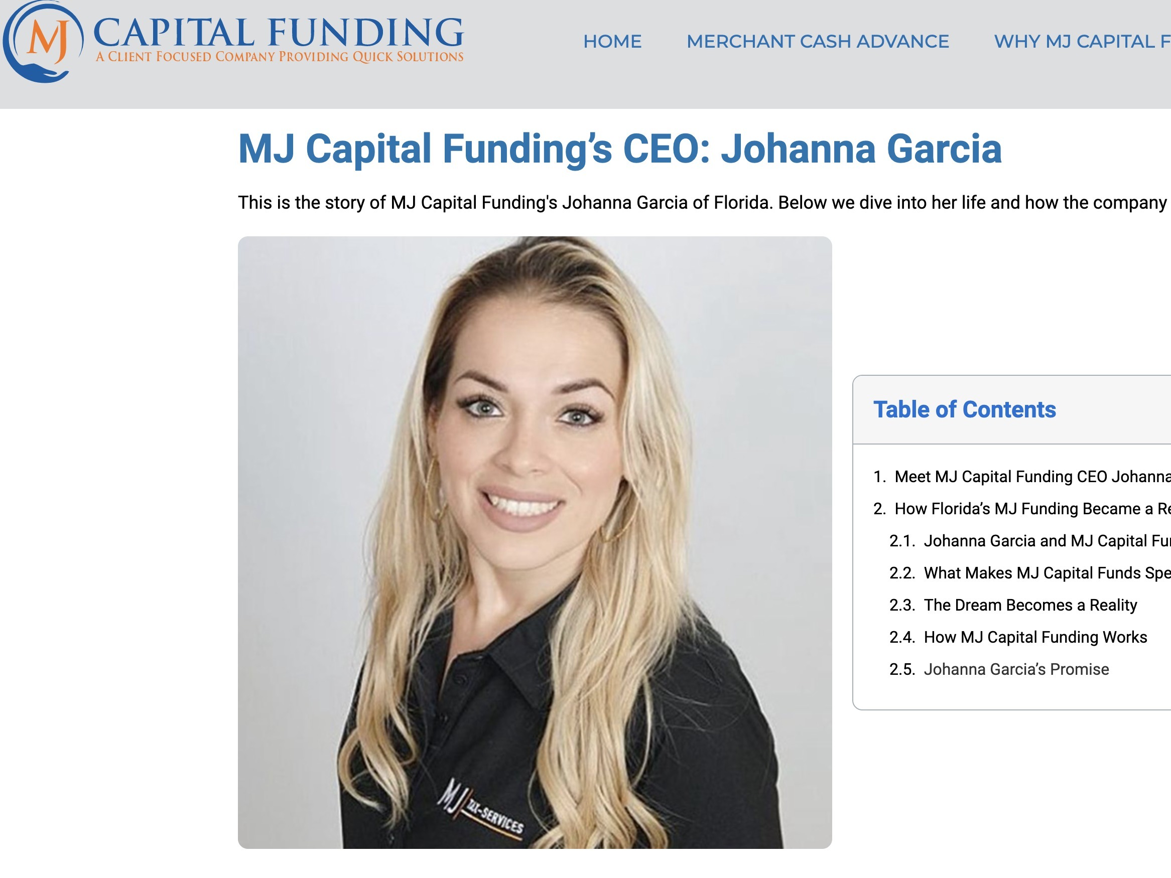 caption: MJ Capital Funding's website said that its founder, Johanna Garcia, was "often referred to as 'Mother Teresa' in her community." But federal authorities say Garcia was actually running a Ponzi scheme. The site was shut down by court order; an archived version is seen here.