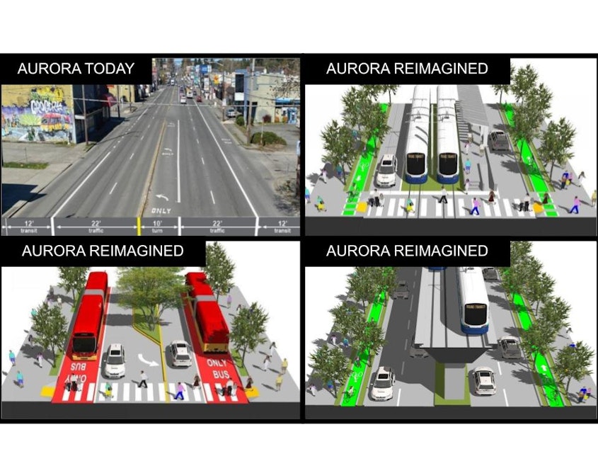 caption: What Aurora Avenue North today, versus three designs proposed by Ryan DiRaimo, a member of the Aurora Reimagined Coalition.
