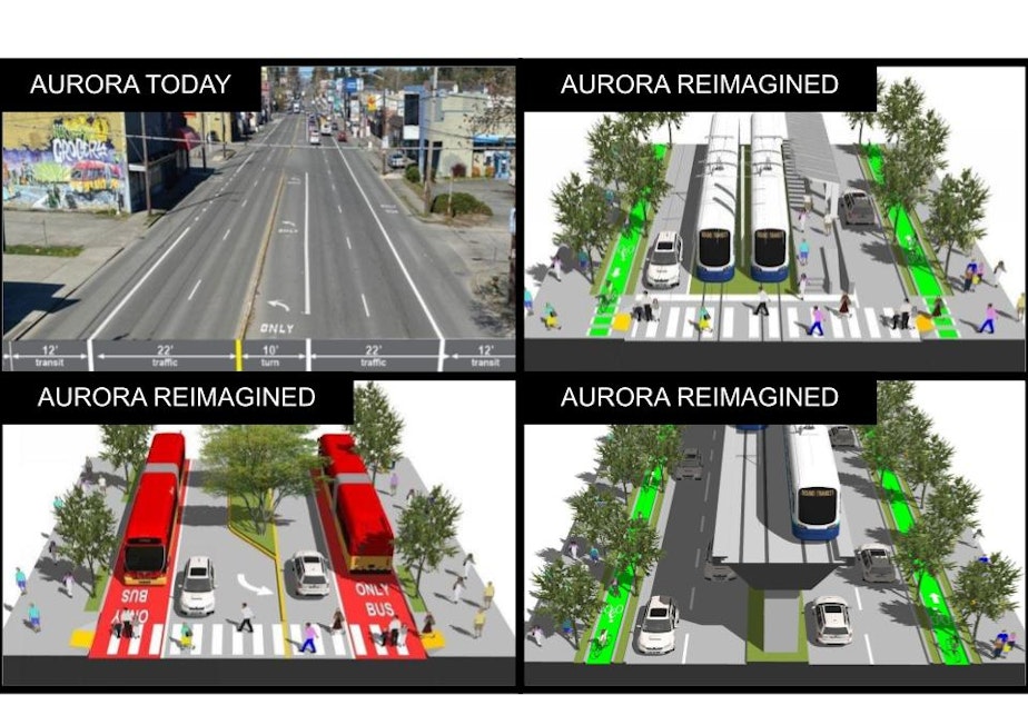 caption: What Aurora Avenue North today, versus three designs proposed by Ryan DiRaimo, a member of the Aurora Reimagined Coalition.