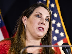 caption: RNC Chairwoman Ronna McDaniel speaks during a press conference at the Republican National Committee headquarters in 2020 in Washington.