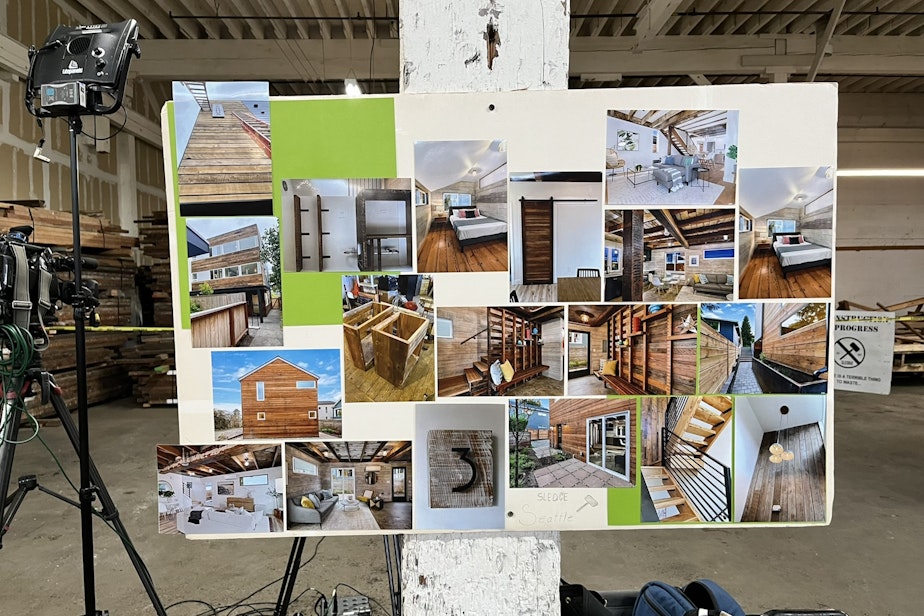 caption: Reused wood examples provided by building deconstruction company Sledge at a press conference