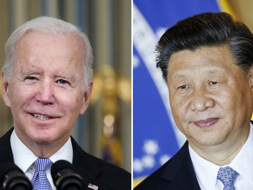 caption: FILE - This combination image shows U.S. President Joe Biden in Washington, Nov. 6, 2021, and China's President Xi Jinping in Brasília, Brazil, Nov. 13, 2019.