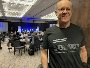 caption: Steve Kirsch, a tech entrepreneur turned anti-vaccine activist, at a conference in Atlanta for future COVID and vaccine-related litigation that he helped organize and fund.
