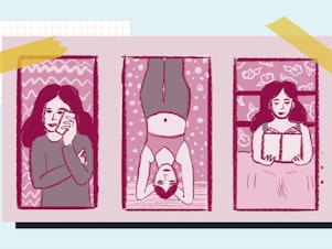 Illustration of a person carrying out different tasks throughout the day: talking on the phone, doing yoga and reading a book in bed. Each activity is encapsulated in its own vertical rectangle. The image is monochromatic with tones of pink.
