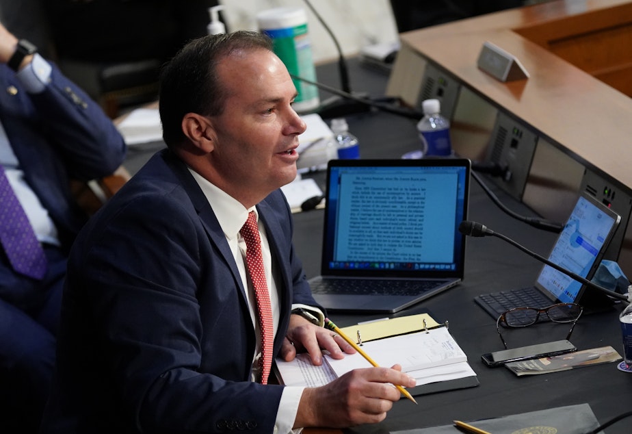 caption: Sen. Michael Lee, R-Utah, speaks during the Senate Judiciary Committee confirmation hearing on Monday.