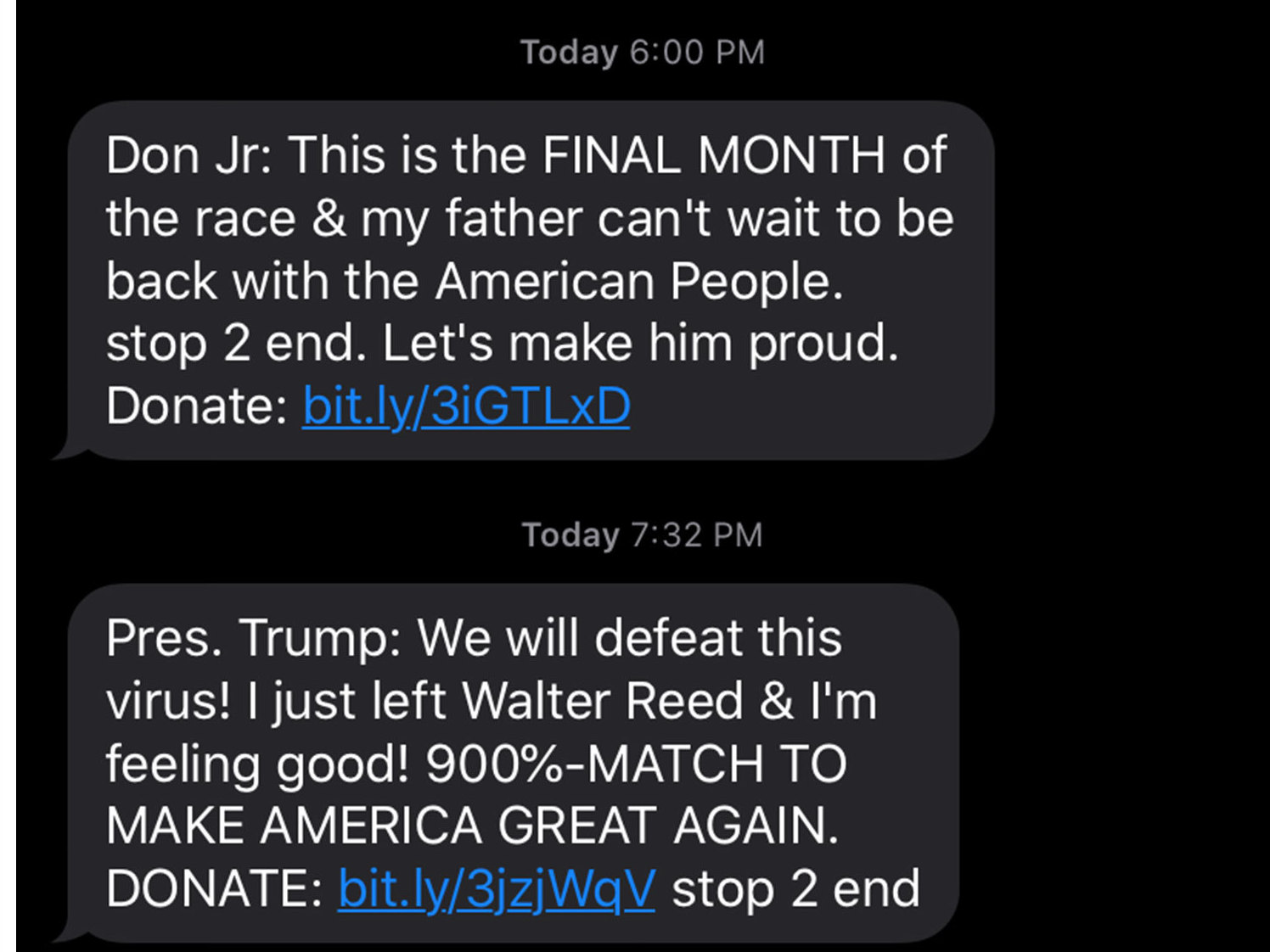 caption: A compilation of screenshots of text messages sent by President Trump's campaign to Jennifer Stromer-Galley, a professor at Syracuse University.