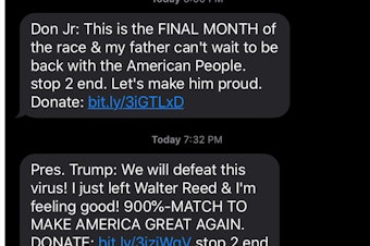 caption: A compilation of screenshots of text messages sent by President Trump's campaign to Jennifer Stromer-Galley, a professor at Syracuse University.