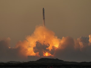 caption: SpaceX's mega rocket Starship launches for a test flight from Starbase in Boca Chica, Texas, on Saturday.