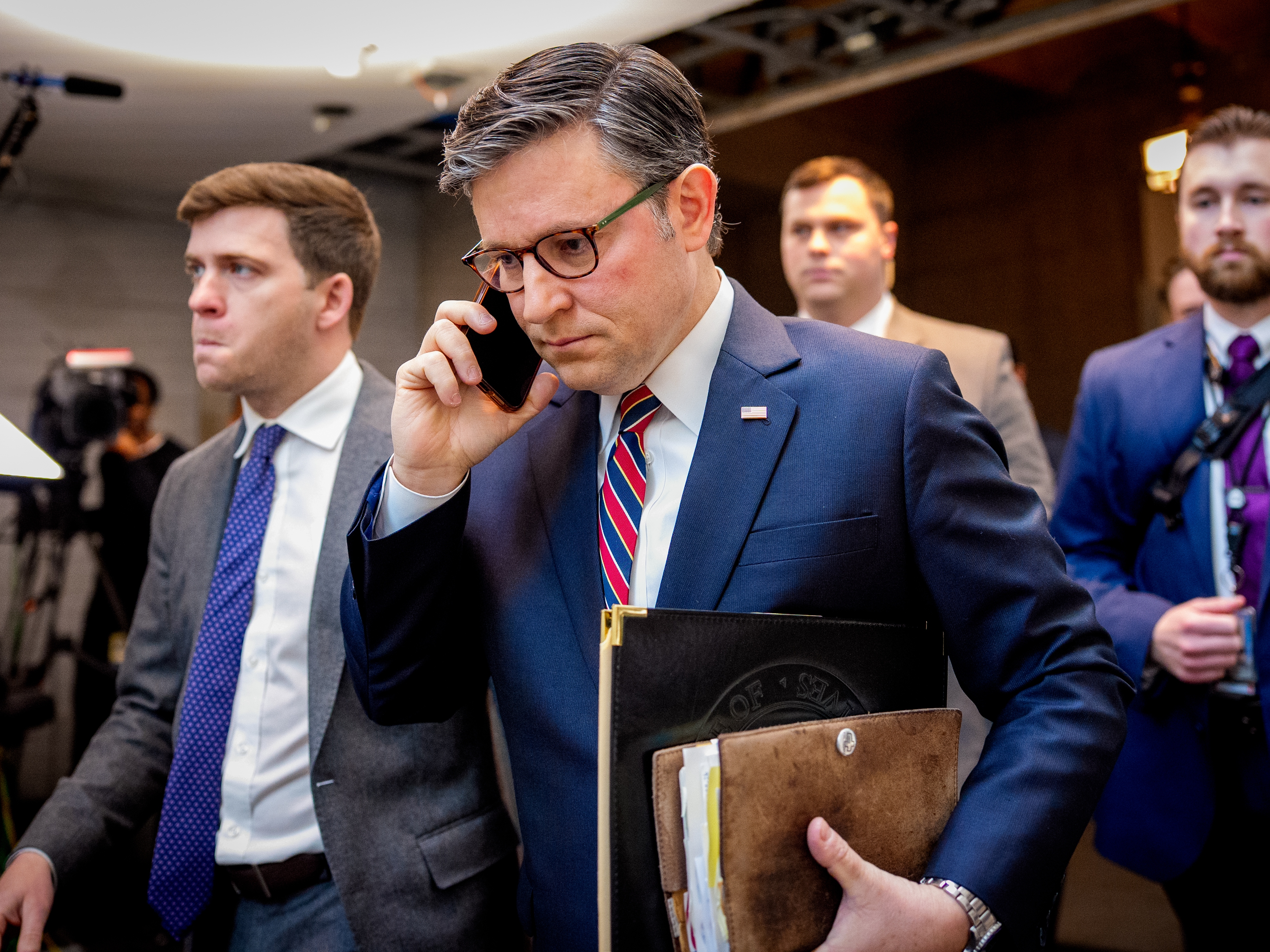 caption: Speaker of the House Rep. Mike Johnson (R-LA) arrives for a House Republican Caucus meeting at the U.S. Capitol on April 8, 2025. (Photo by Andrew Harnik/Getty Images)