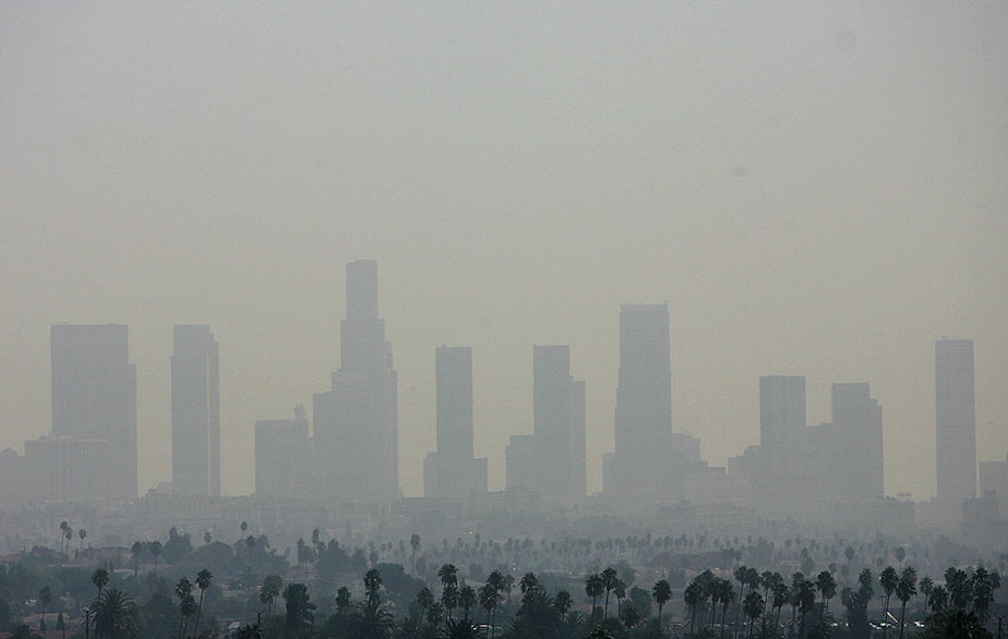 caption: View of the air pollution over downtown Los Angeles in 2006, the year when several U.S. states and environmental organizations engaged in the fight against global warming by taking their case to the U.S. Supreme Court. (Gabriel Bouys/AFP/Getty Images) 