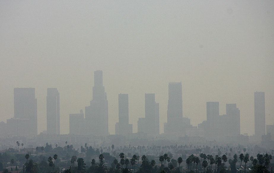 caption: View of the air pollution over downtown Los Angeles in 2006, the year when several U.S. states and environmental organizations engaged in the fight against global warming by taking their case to the U.S. Supreme Court. (Gabriel Bouys/AFP/Getty Images)