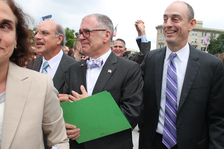 caption: James Obergefell, center. Marriage Equality Decision Day Rally in front of the U.S. Supreme Court on Friday morning, 26 June 2015 by Elvert Barnes Protest Photography