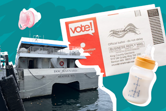 caption: Collage image showcasing various items (water taxi, ballot, baby bottle, pacifier) related to KUOW's news quiz for the week of November 6, 2023. Photos courtesy of iStock and Jason Pagano.
