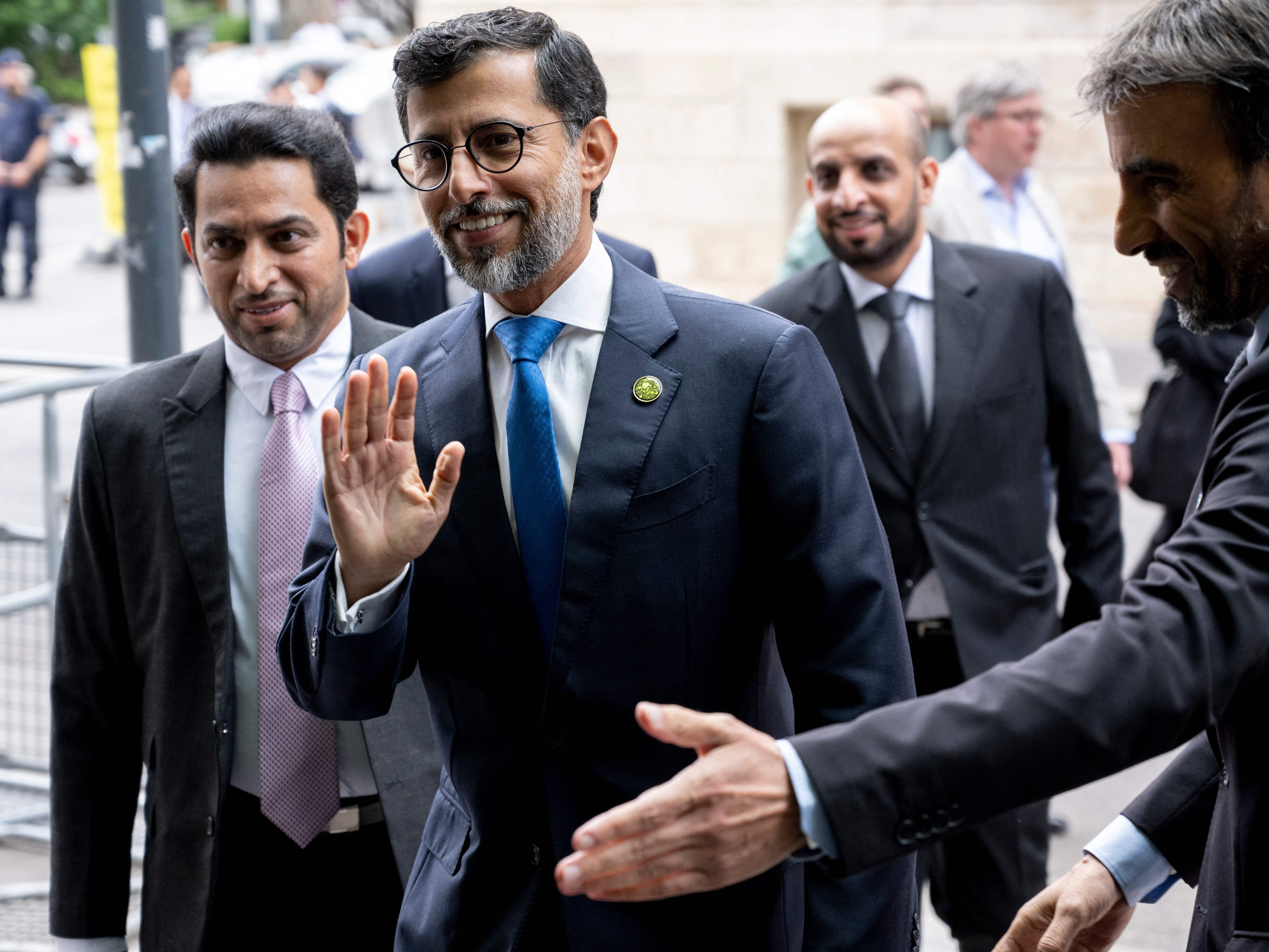 caption: UAE's Minister of Energy and Industry Suhail al-Mazrouei is shown arriving for an OPEC meeting in Vienna, Austria, on June 4, 2023.