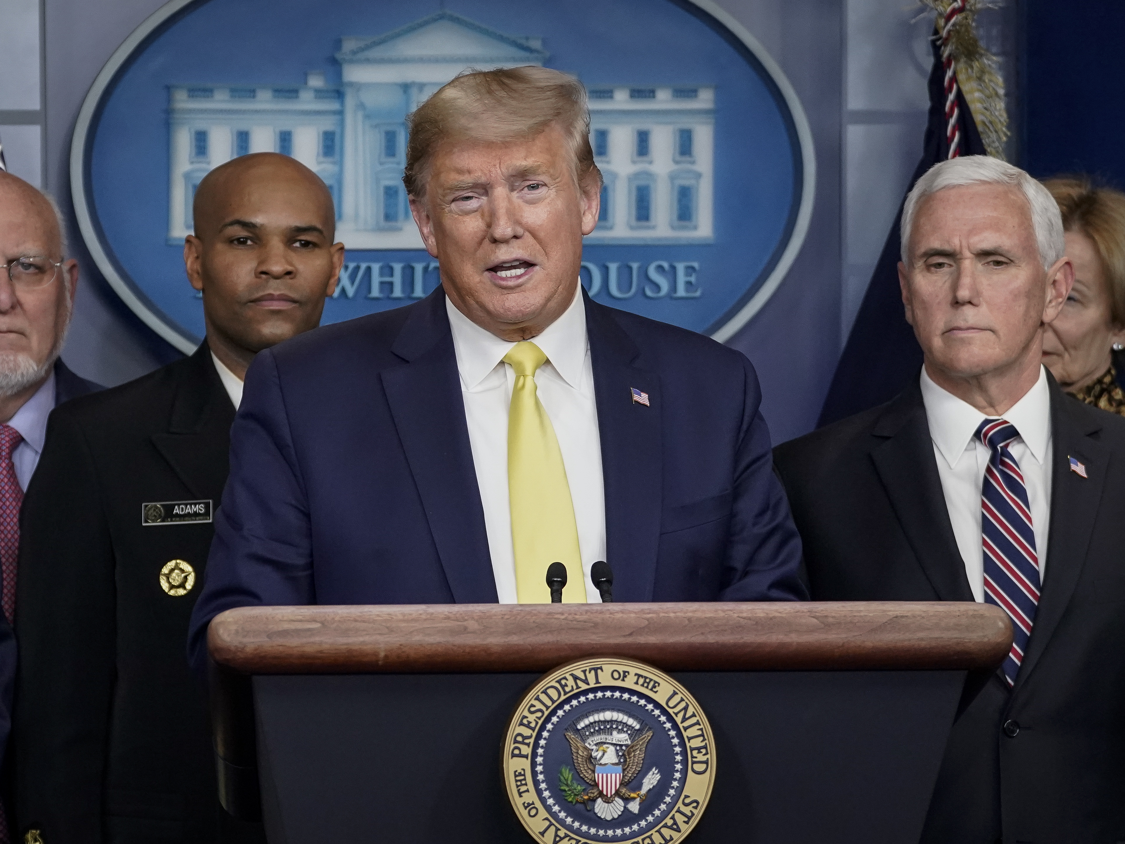 caption: President Trump speaks during a press briefing with members of the White House Coronavirus Task Force team on March 9. Trump is holding another press conference on the topic Friday afternoon.