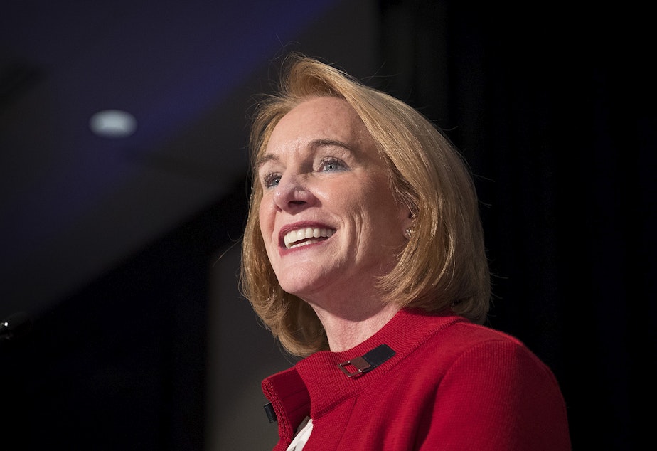 caption: File: Mayor Jenny Durkan smiles while giving a speech on Tuesday, November 7, 2017, at The Westin in Seattle. Mayor Durkan's latest proposed budget would include funding to support creative industries and the arts.